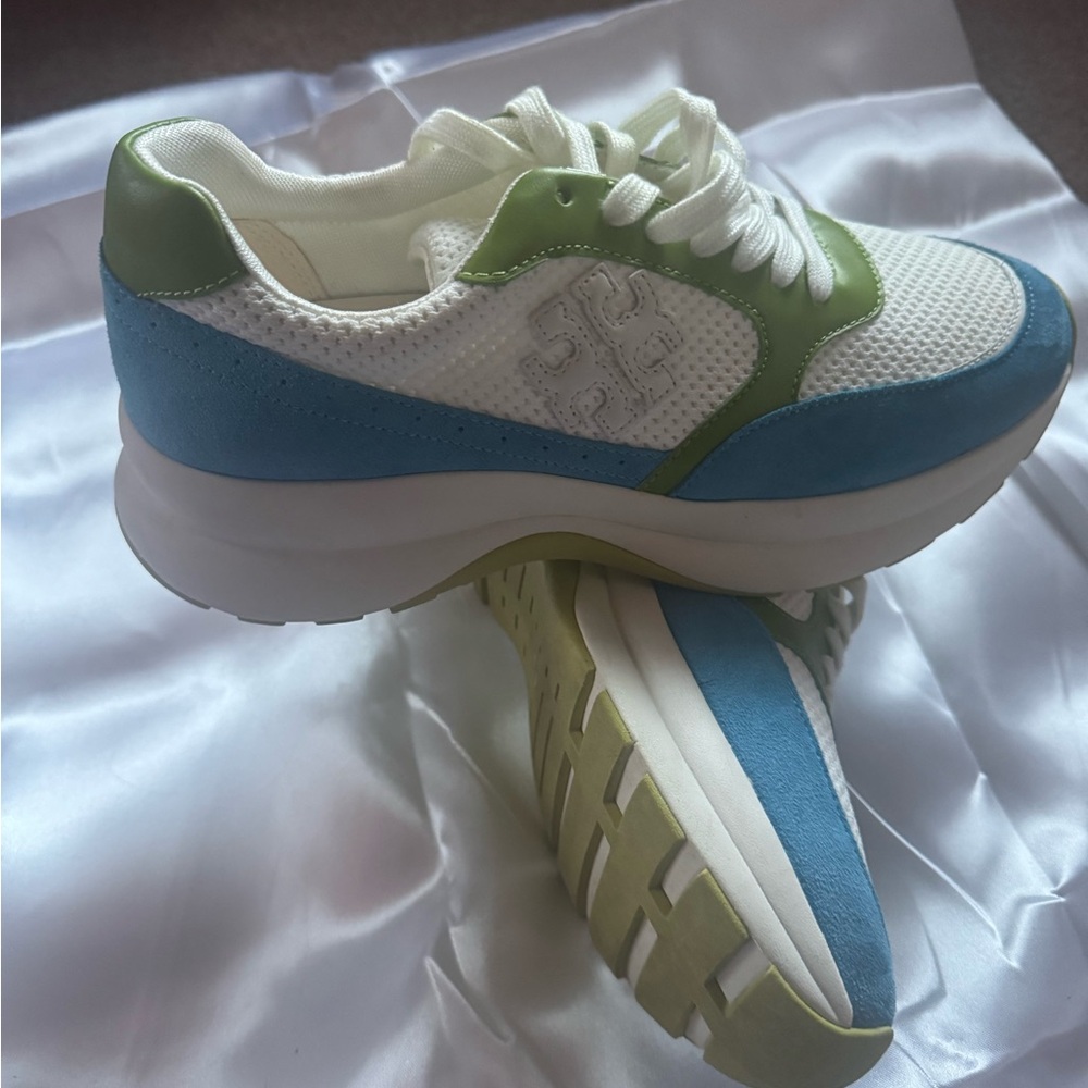 Tory Burch, good luck, trainers, in Blue, Green, and White. Beautiful.